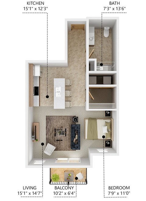Floor plan for studio, 1 bath, 665 sqft